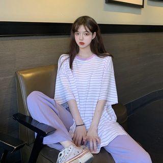 Striped Elbow-sleeve T-shirt / Drawstring Wide-leg Pants