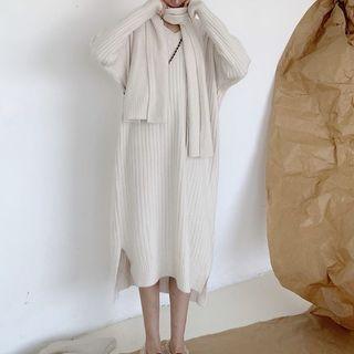Set: V-neck Ribbed Midi Sweater Dress + Scarf