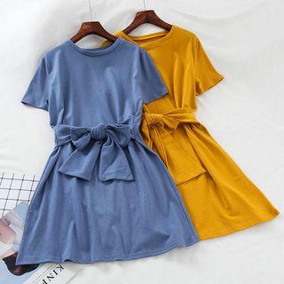 Short-sleeve Ribbon Waist A-line Dress