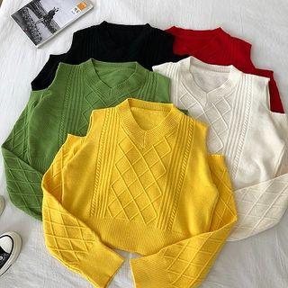 Plain V-neck Off-shoulder Cable-knit Long-sleeve Sweater