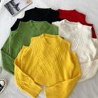 Plain V-neck Off-shoulder Cable-knit Long-sleeve Sweater