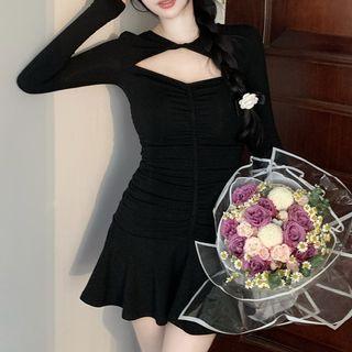 Long-sleeve Cutout Ruched Mini Mermaid Dress