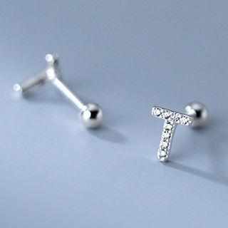 Letter T Rhinestone Sterling Silver Earring 1 Pair - S925 Silver - Silver - One Size