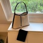Set: Contrast Trim Bucket Bag + Pouch Set Of 2 - Bucket Bag & Pouch - Beige & Black - One Size