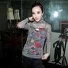 Long-sleeve Stand Collar Print T-shirt