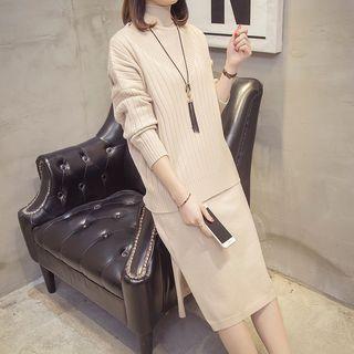 Set: V-neck Sweater + Turtleneck Sleeveless Knit Dress