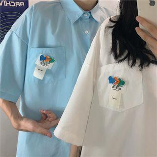 3/4-sleeve Tag Print Loose Fit Shirt