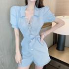 Lace Panel Short-sleeve Tie-waist Wide-leg Playsuit