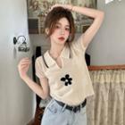 Short-sleeve Flower Knit Polo Top White - One Size