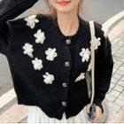 Flower Accent Cropped Cardigan White Flower - Black - One Size