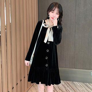 Long-sleeve Tie-neck Mini A-line Velvet Dress