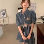 Puff-sleeve Lace-up Denim Top / High-waist Pleated Denim Skirt