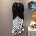 Set: Short-sleeve Tie-neck Lace Blouse + Dotted Irregular Chiffon A-line Skirt