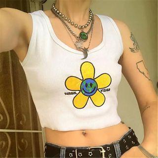 Cartoon Flower Embroidered Crop Tank Top