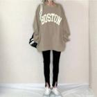 Long-sleeve Round-neck Lettering Sweatshirt Khaki - One Size