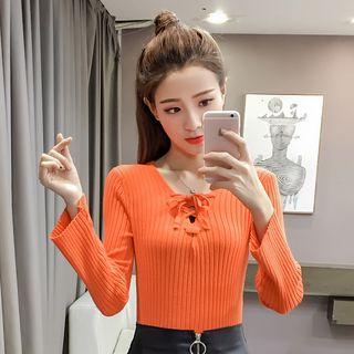 Lace Up Ribbed Long-sleeve Knit Top