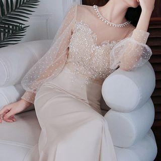 Long-sleeve Sequined Mesh Panel Mermaid Evening Gown