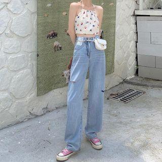 High-waist Ripped Wide-leg Denim Jeans