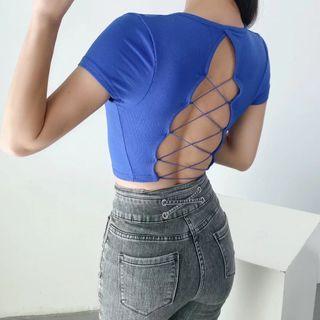 Short-sleeve Lace Back Crop Top