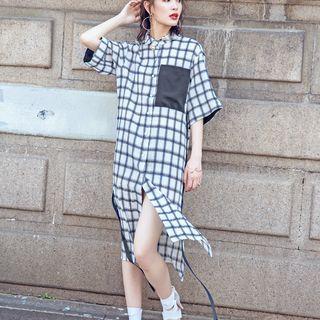 Check 3/4 Sleeve Side-slit Shirt Dress