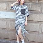 Check 3/4 Sleeve Side-slit Shirt Dress