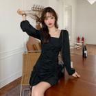 Long-sleeve Square-neck Drawstring Shirred A-line Dress