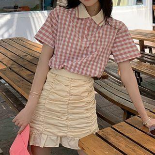 Short-sleeve Gingham Polo Shirt / Crinkle Mini Pencil Skirt