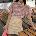 Short-sleeve Gingham Polo Shirt / Crinkle Mini Pencil Skirt