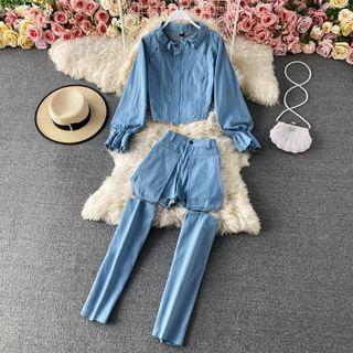Set:denim Long Sleeve Top +cut Out Jeans