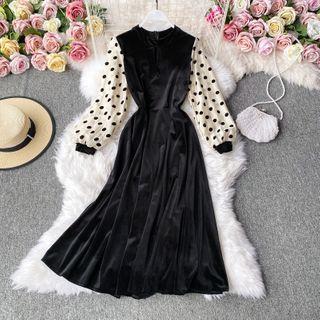 Dotted Sleeve Velvet A-line Dress