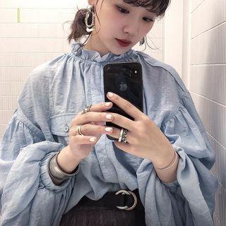 Puff-sleeve Frill Collar Blouse Blue - One Size
