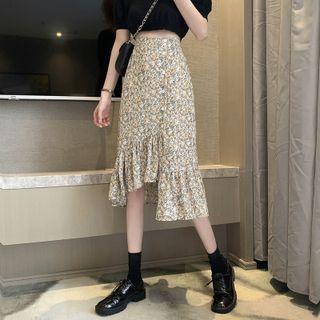 Asymmetrical Floral Print Midi A-line Skirt