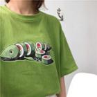 Elbow-sleeve Fish Print T-shirt Light Green - One Size