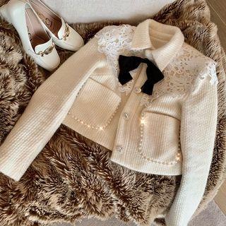 Bow Accent Cardigan / Mini Sequined Sheath Skirt / Set