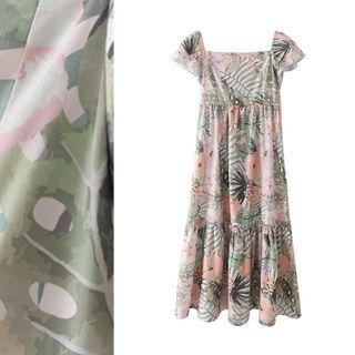 Square-neck Leaf Print Short-sleeve Dress