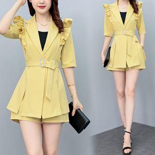Set: Elbow-sleeve Frill Trim Jacket + Belt + Shorts