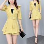 Set: Elbow-sleeve Frill Trim Jacket + Belt + Shorts