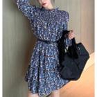 Long-sleeve Print Mini A-line Dress / Knit Shawl