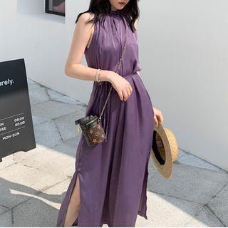 Sleeveless Halter Neckline Plain Slit Sundress