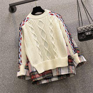 Mock Two-piece Plaid Cable-knit Sweater