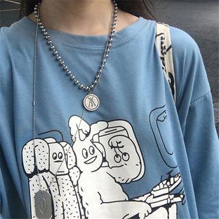 Cartoon Print Elbow-sleeve T-shirt Mist Blue - One Size