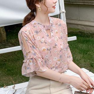 Patterned Ruffle Trim Elbow-sleeve Blouse