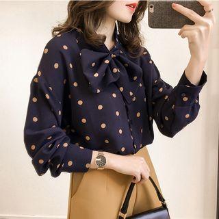 Dotted Bow-accent Long-sleeve Blouse