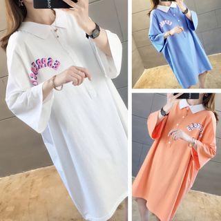 Lettering Collared 3/4-sleeve T-shirt Dress