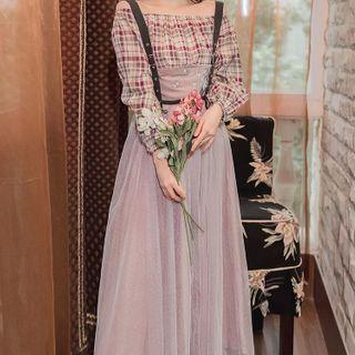 Set: Off-shoulder Plaid Blouse + Dotted Mesh Midi Overall Dress