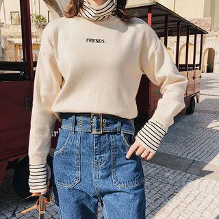 Striped Panel Turtleneck Lettering Sweatshirt