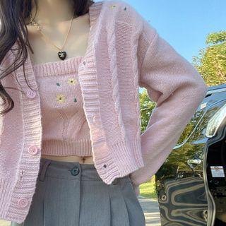 Set: Cable Knit Cardigan + Floral Embroidered Camisole Top