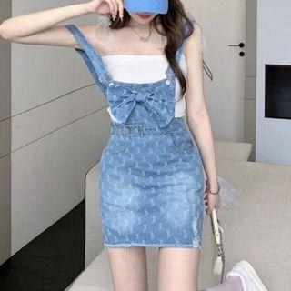 Spaghetti Strap Top / Denim Mini Overall Dress