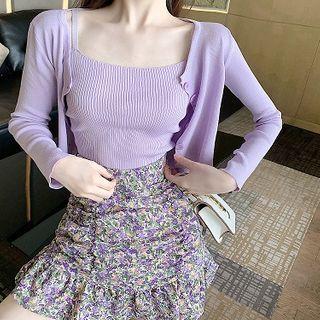 Set: Sleeveless Knit Top + Knit Cardigan / Floral Mermaid Skirt