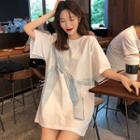 Elbow-sleeve Bow Print T-shirt White - One Size